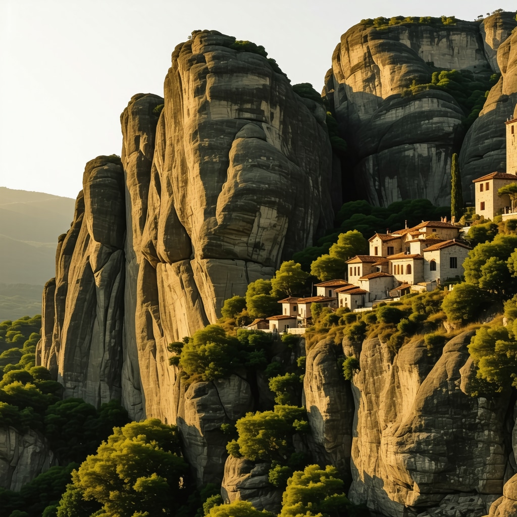 Golden sunrise illuminating Meteora rock formations and monasteries in a serene landscape