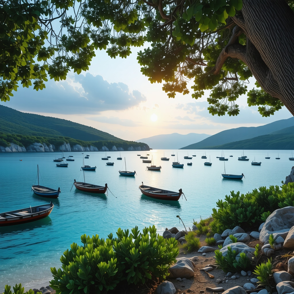 Coastal landscape of Ksamil with clear turquoise sea and boats at sunset