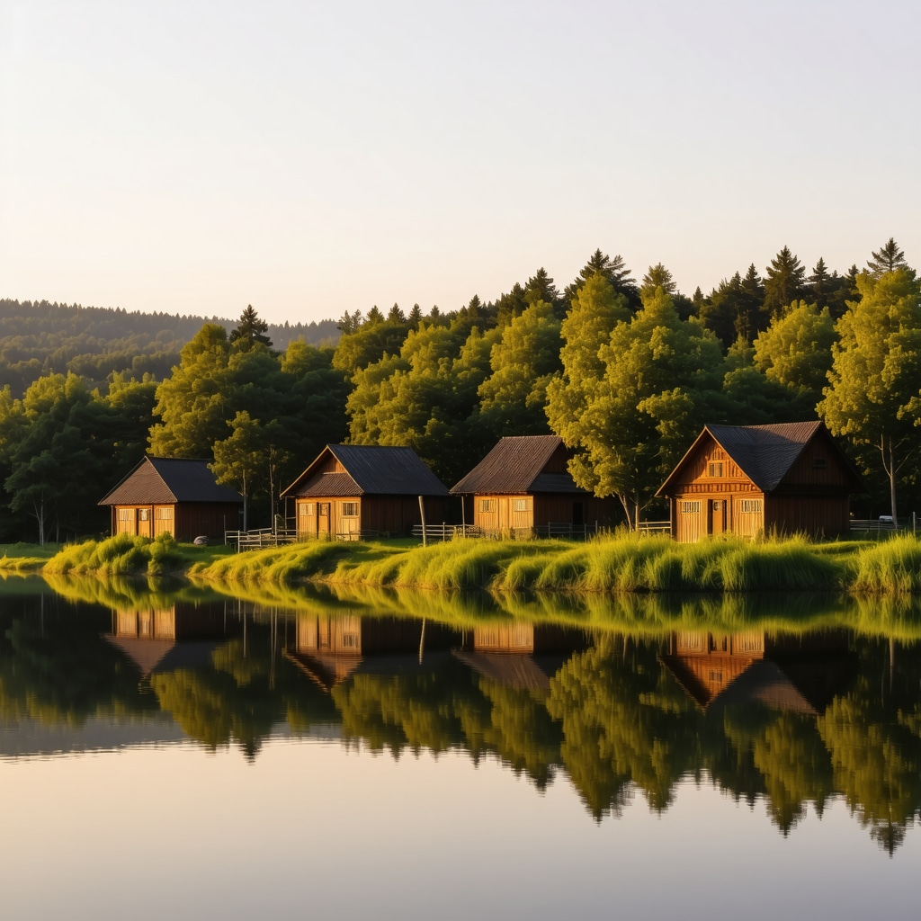Traditional wooden houses bathed in warm sunset light with lush forest surroundings near Banja Luka