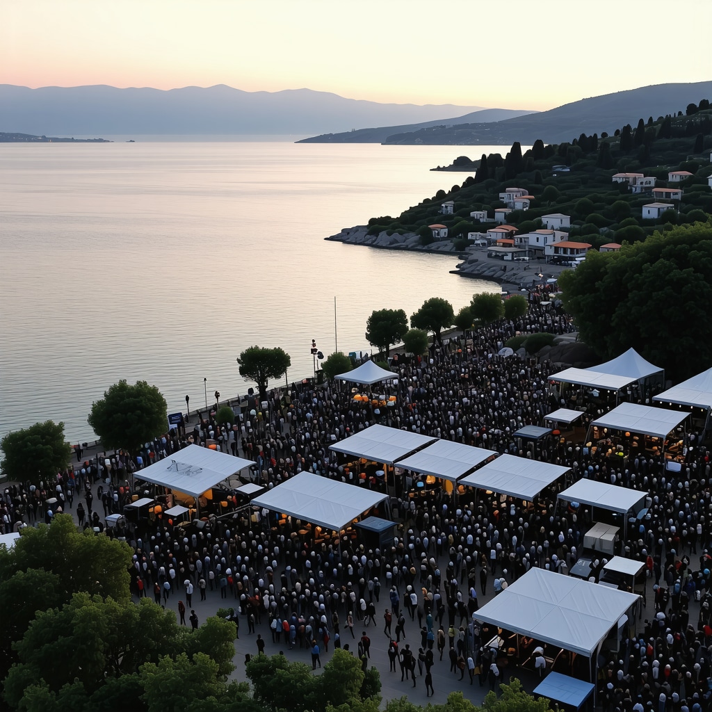 Aerial view of Ohrid cultural festival integrating sustainable technologies such as solar panels and LED lighting by the lake