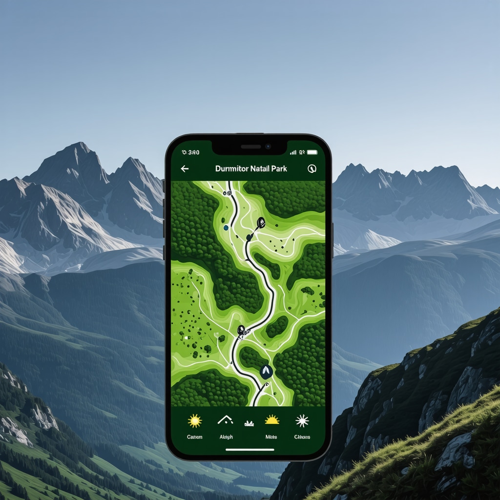 Mobile app interface displaying sustainable hiking trails and environmental data in Durmitor National Park, Montenegro