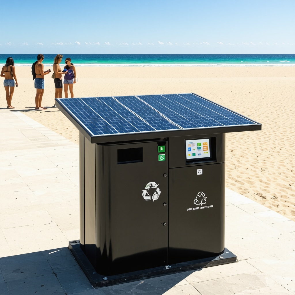 Solar panels and smart recycling bins at Plajele de Aur beach with tourists using mobile apps for eco-tourism