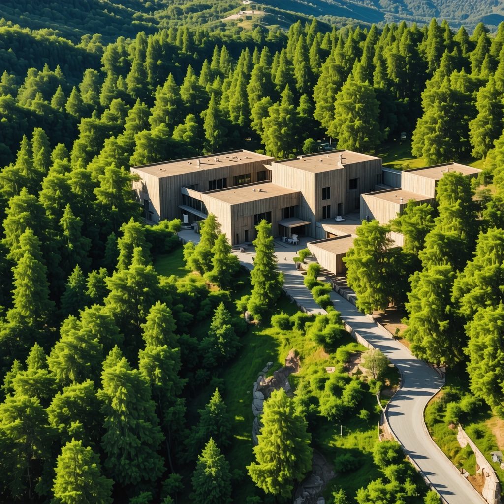 Modern sustainable thermal spa center nestled in the lush Rodopi Mountains near Xanthi, Greece