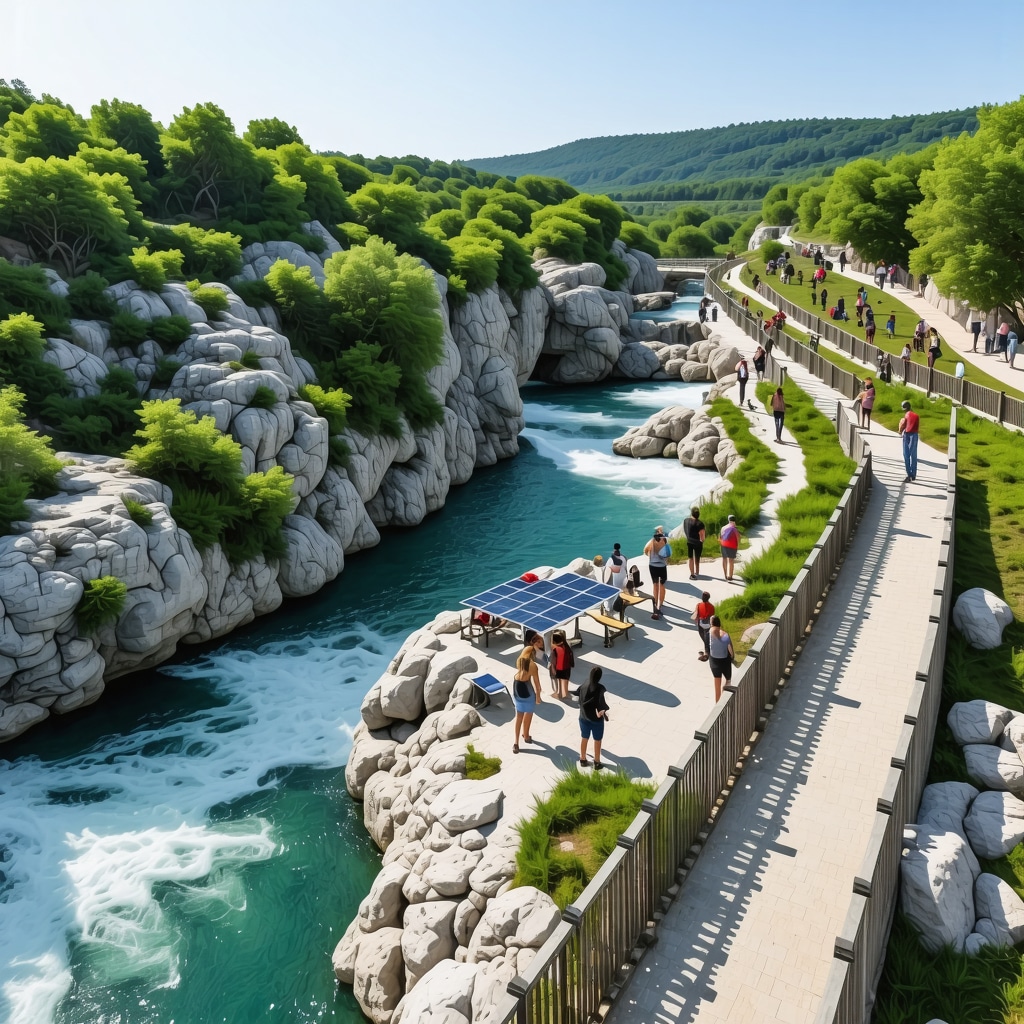 Aerial photo showcasing eco-friendly tourism infrastructure and visitors using technology in Krka National Park