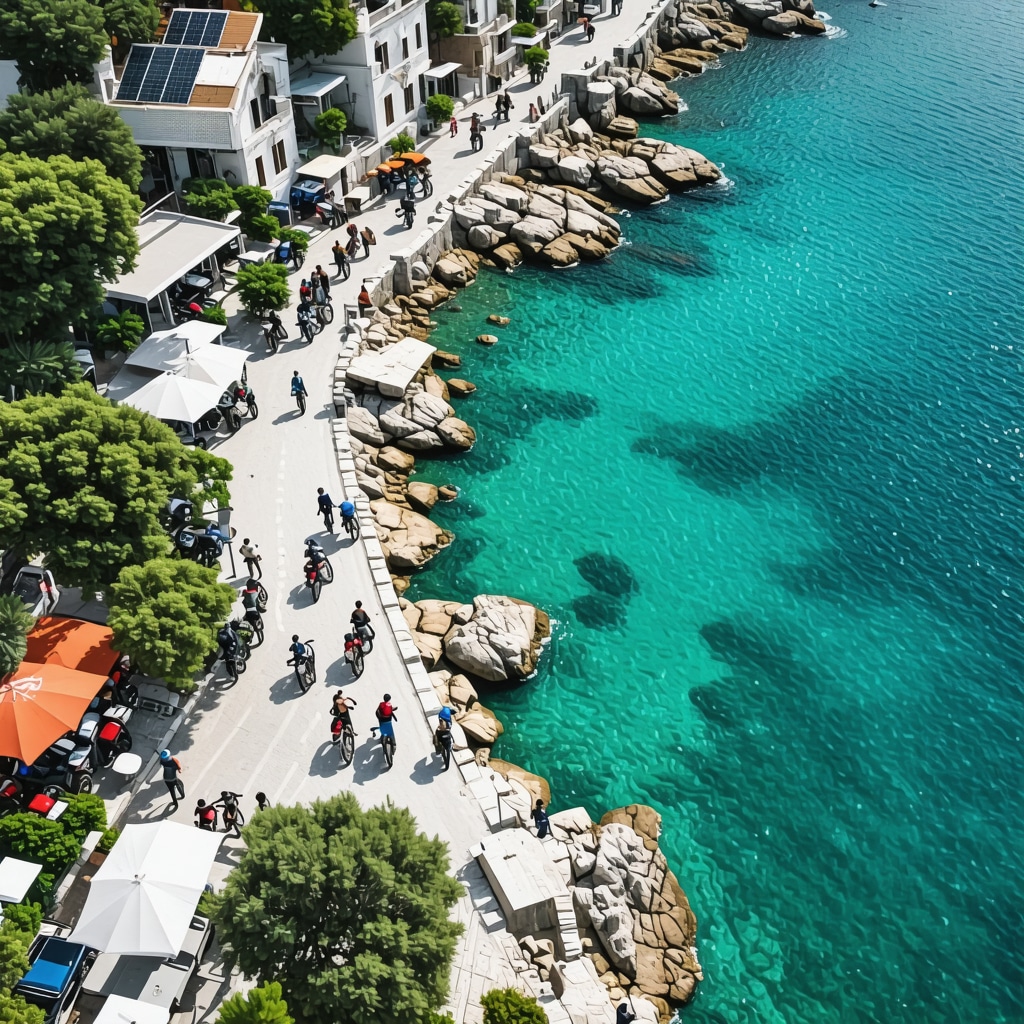 Aerial view of Saranda coastline illustrating sustainable tourism with eco-friendly transport and local markets