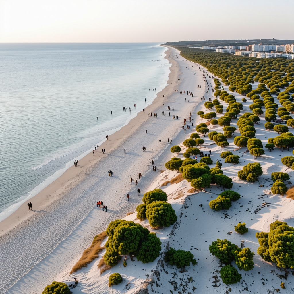 Aerial sunset view of Mamaia beach showing natural dunes, clear waters, and eco-friendly tourist activities