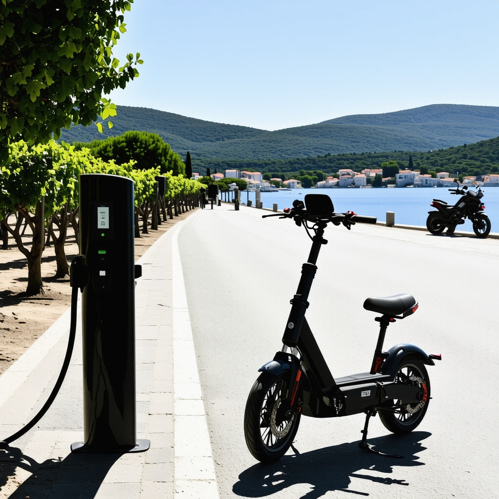Panoramic view of Hvar island with electric scooters and vineyards under Mediterranean sunlight