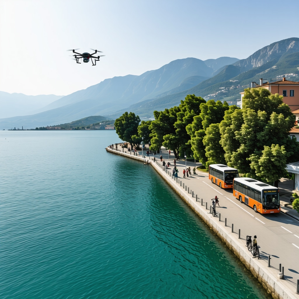 Aerial image showing Lake Ohrid with eco-friendly transport and drones monitoring environment