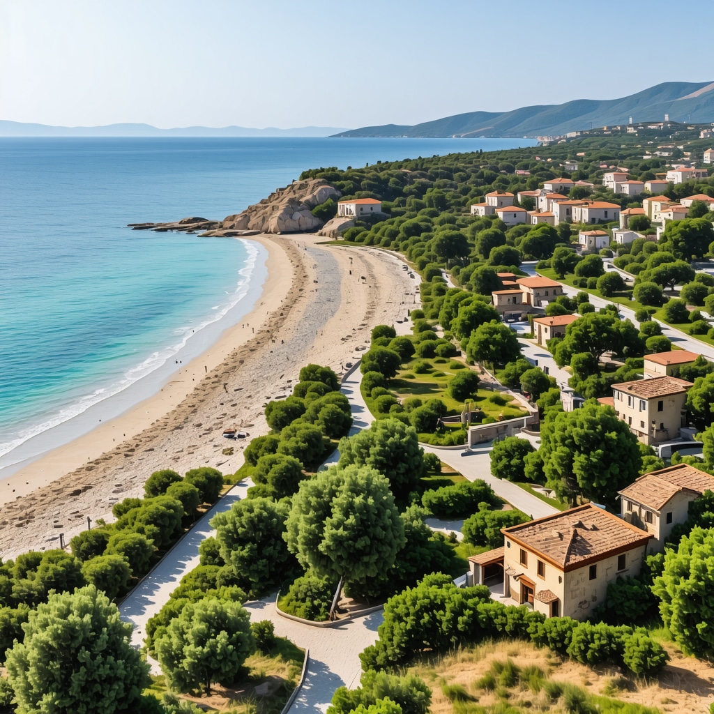 Panoramic view of Albanian Adriatic coastline with beaches, Roman ruins, and eco-friendly tourism facilities near Durres in 2024