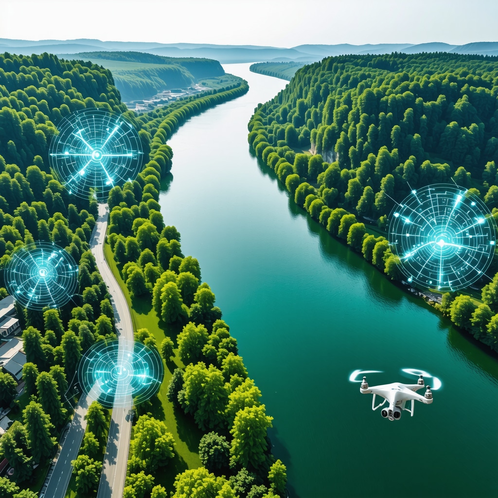 Vedere aeriană a Defileului Dunării cu drone și elemente digitale ilustrând tehnologia în conservare și turism