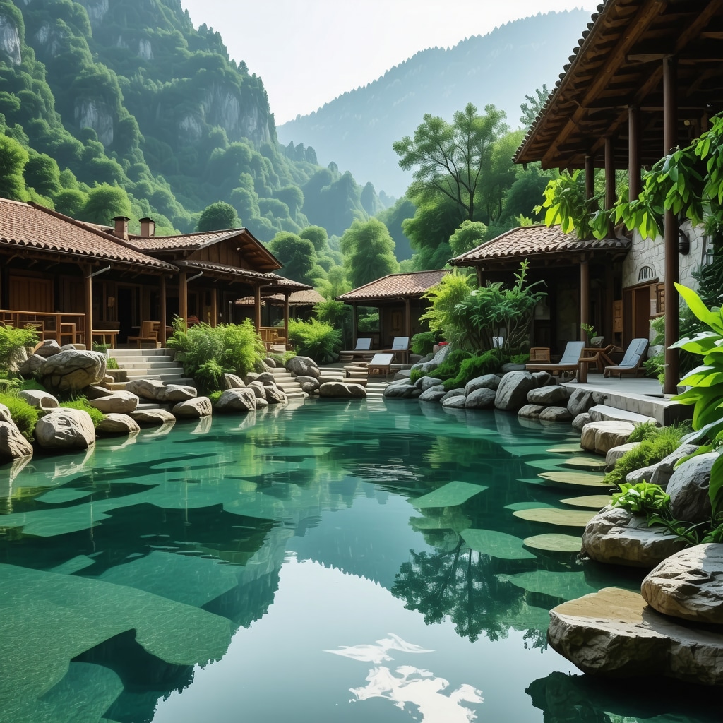 Natural thermal spring spa in Sokobanja with green mountains and traditional Serbian buildings