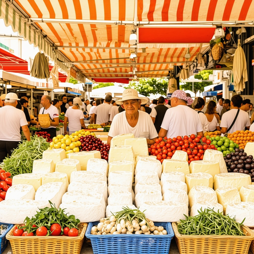 Open-air market scene in Tirana's New Bazaar with local vendors and fresh traditional Albanian products