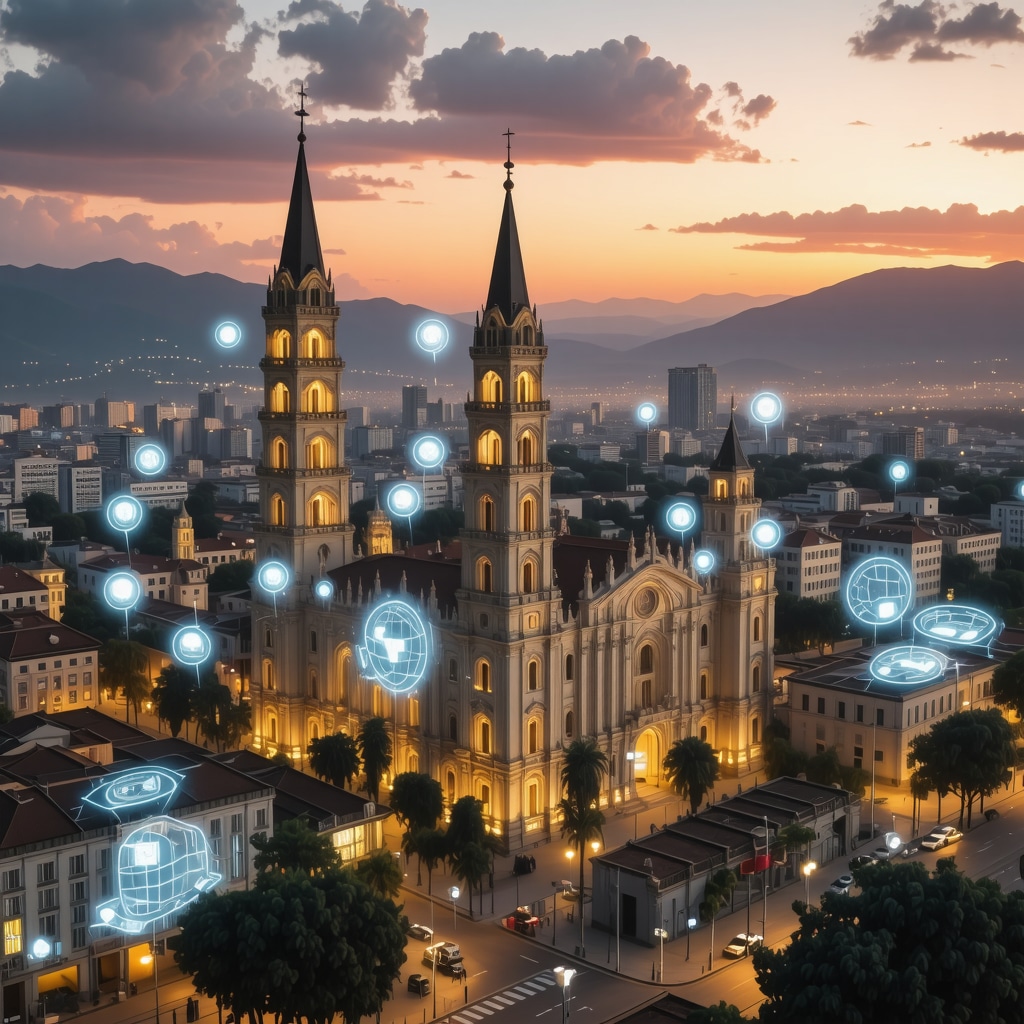 Futuristic view of Tirana with augmented reality and smart tourism technology integrated into historical architecture