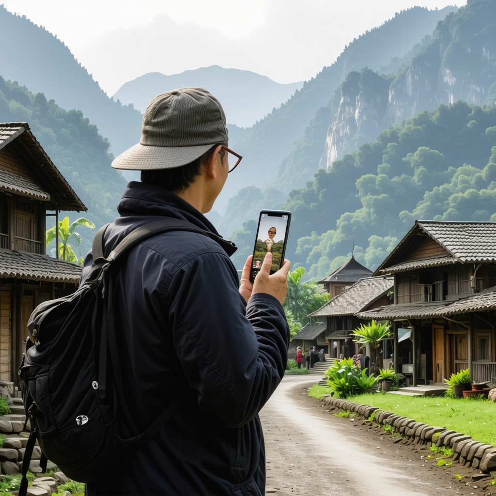 Tourist exploring Sjenica with augmented reality app amidst rural and mountainous environment