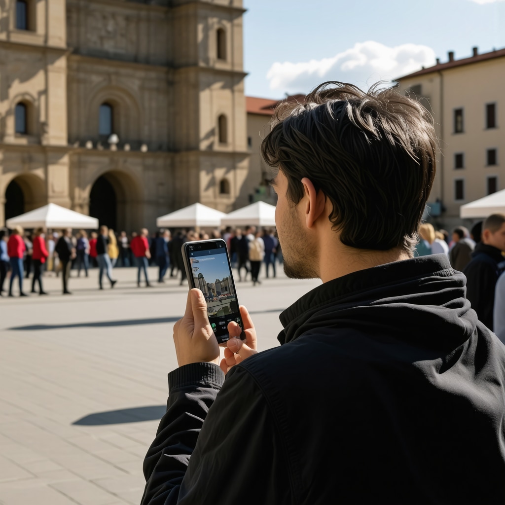 Tourist using augmented reality on smartphone in Gostivar historic center