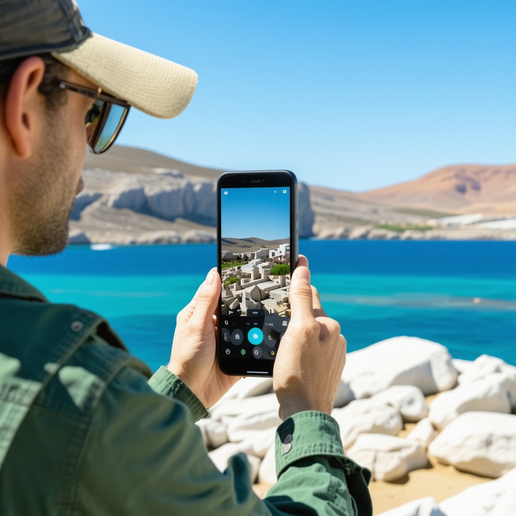 Tourist exploring Island Pag cultural landmarks with augmented reality application on smartphone