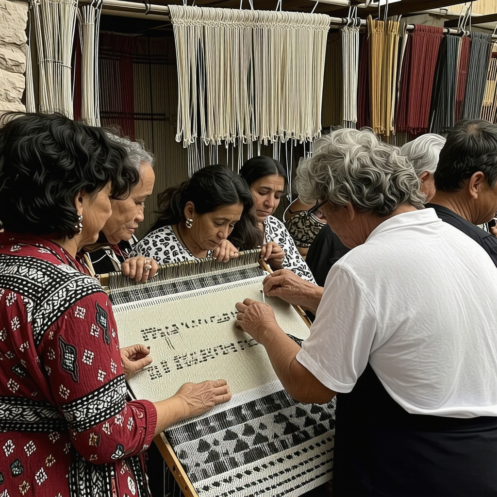 Local artisans in Kruja demonstrating traditional weaving and metalworking techniques to tourists in a workshop setting