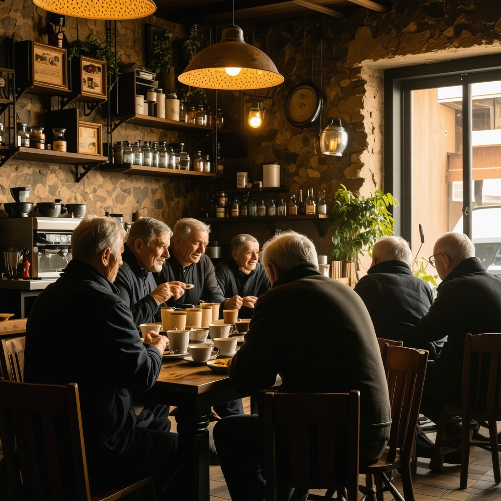 Interior of a cozy Albanian coffee shop with rustic decor and warm ambiance