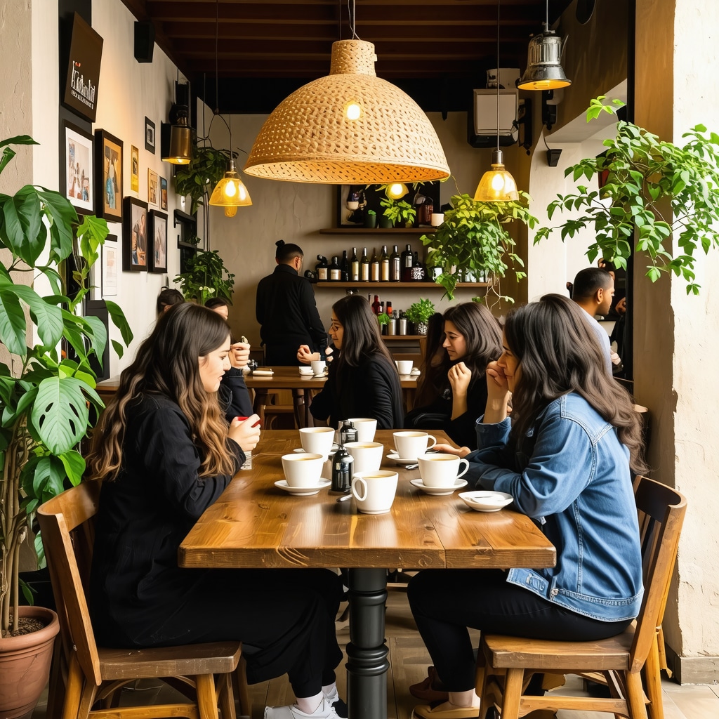 Interior of a cozy coffee shop in Tirana with locals enjoying traditional Albanian coffee