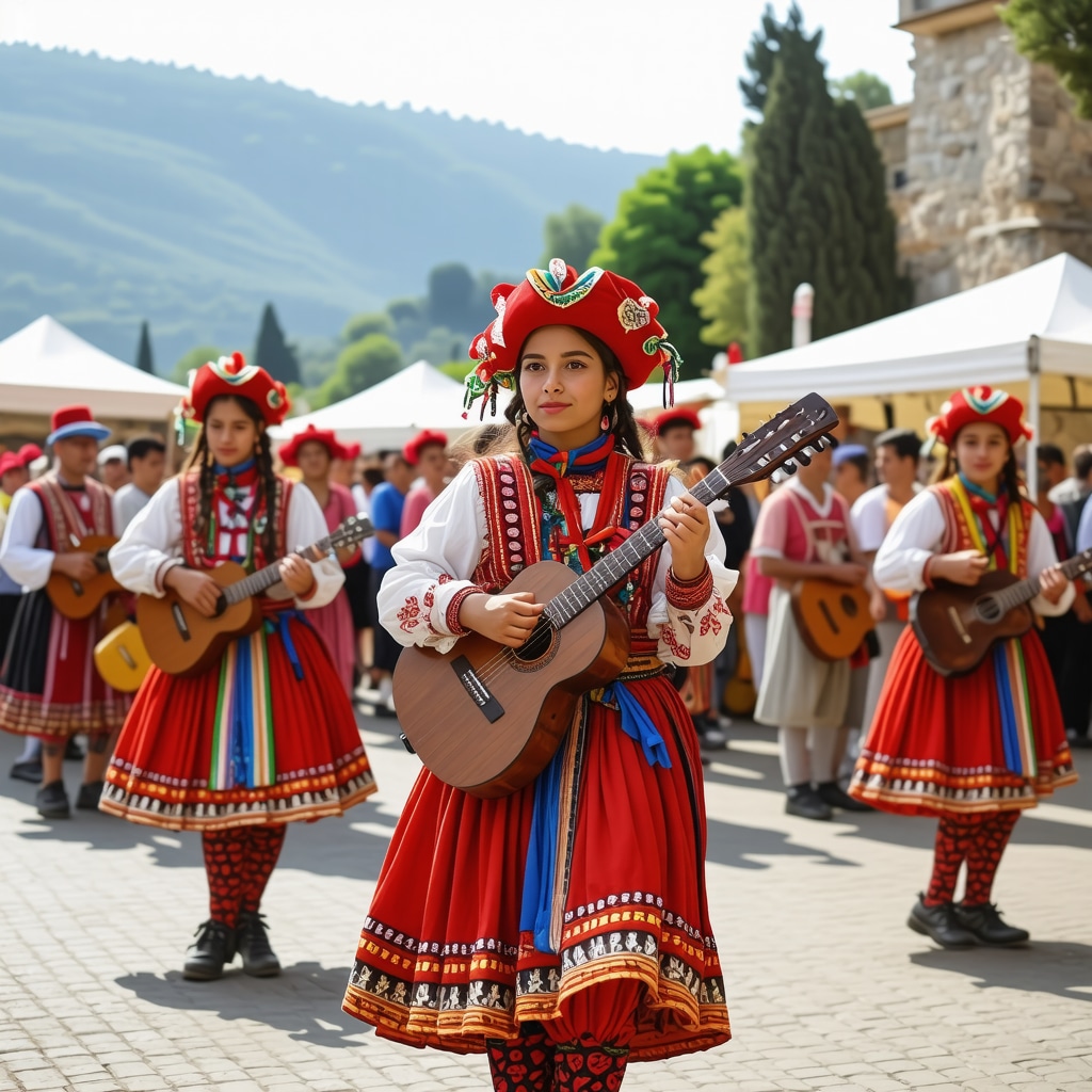 Dancers in traditional Albanian costumes performing at Korçë festival with digital augmented reality elements and engaged audience