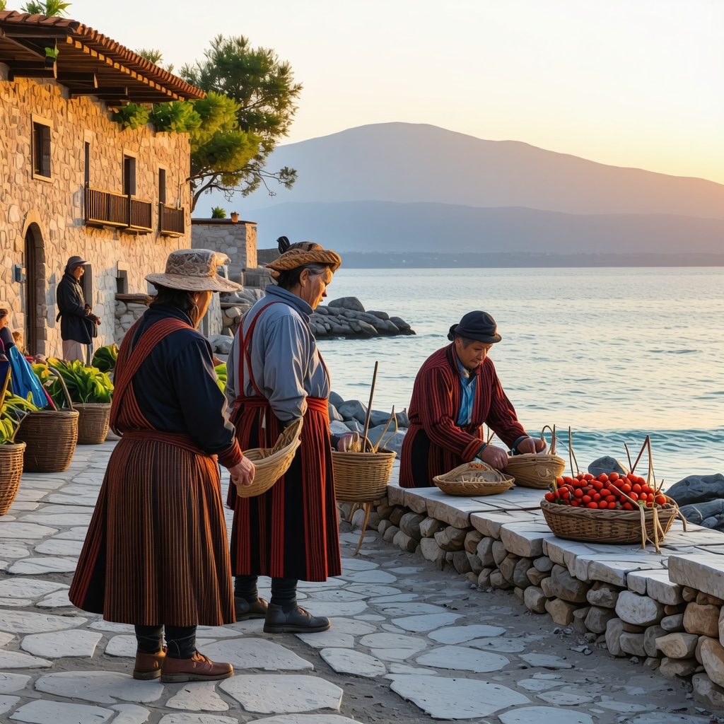 Coastal village in the Balkans with locals practicing traditional crafts near the sea at sunset