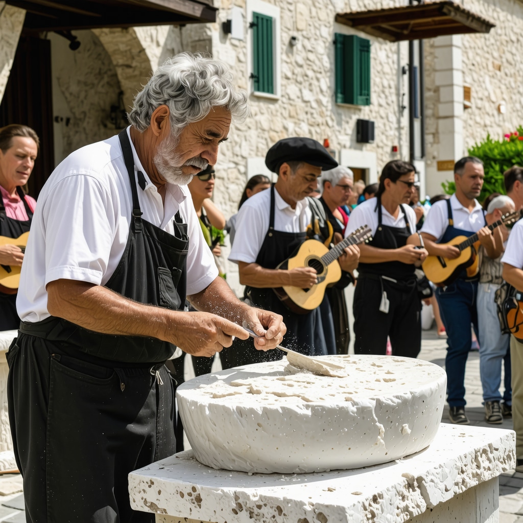 Artisans carving limestone and performers at a klapa music festival in Dalmatia