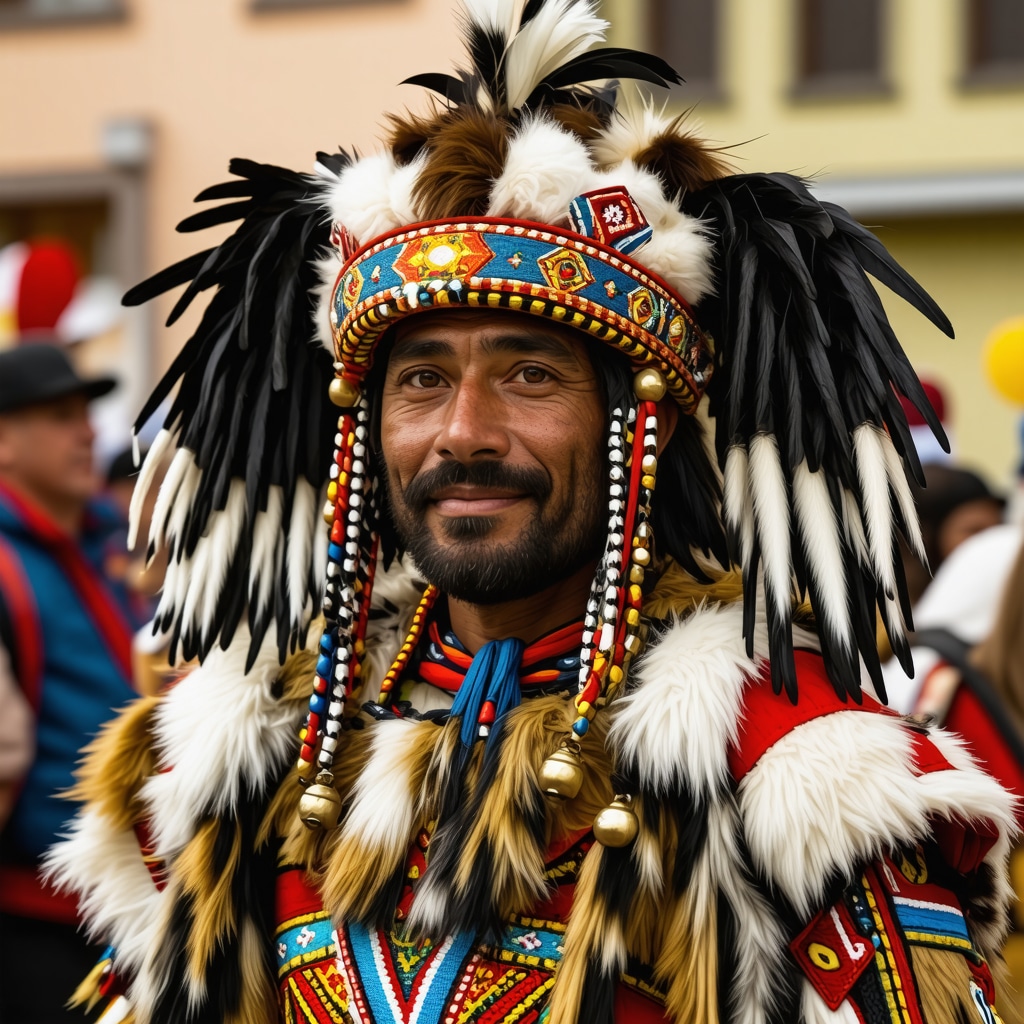 Detailed traditional Kurent costume with fur and bells at Kurentovanje festival in Ptuj