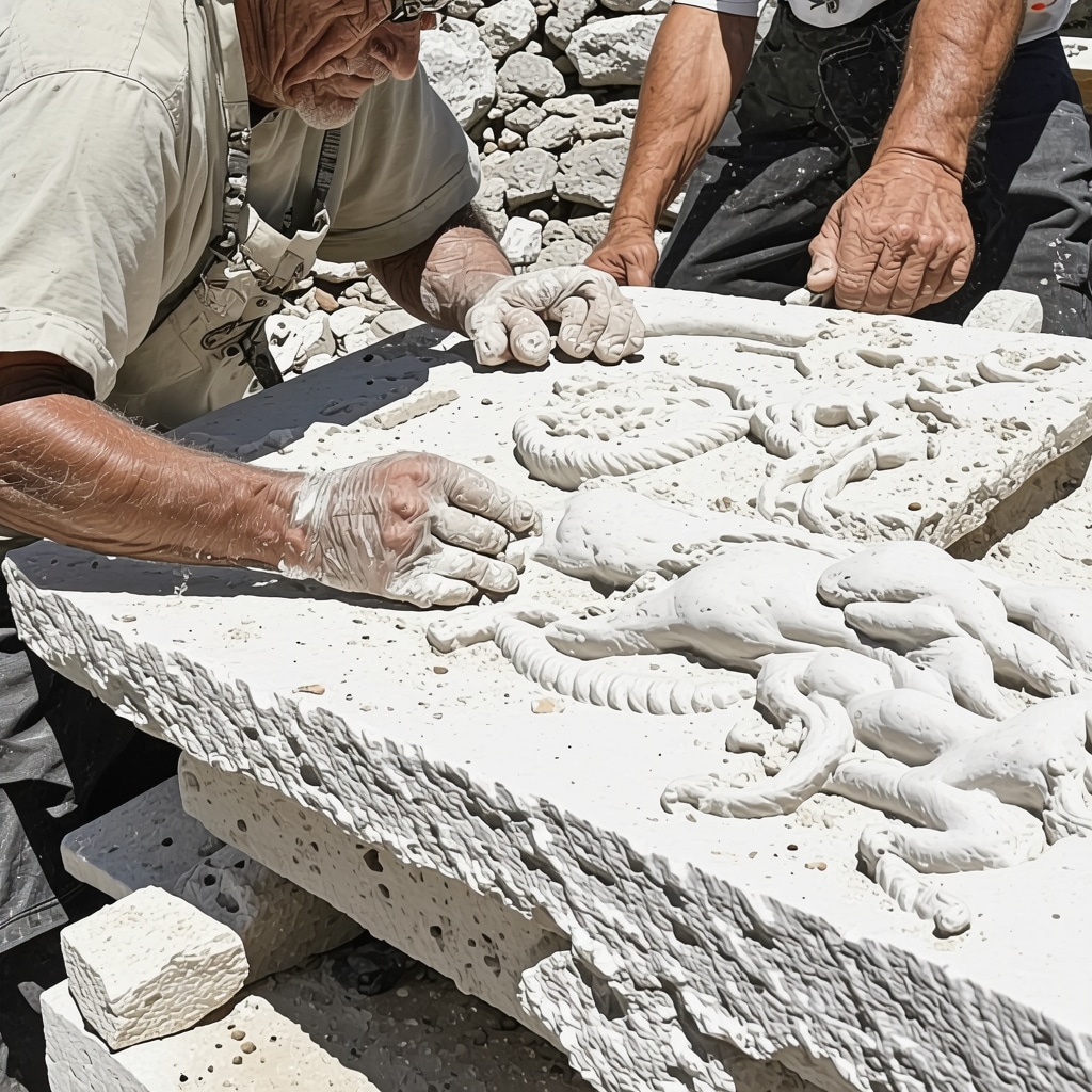 Artisans carving limestone blocks in a traditional workshop on Brač Island
