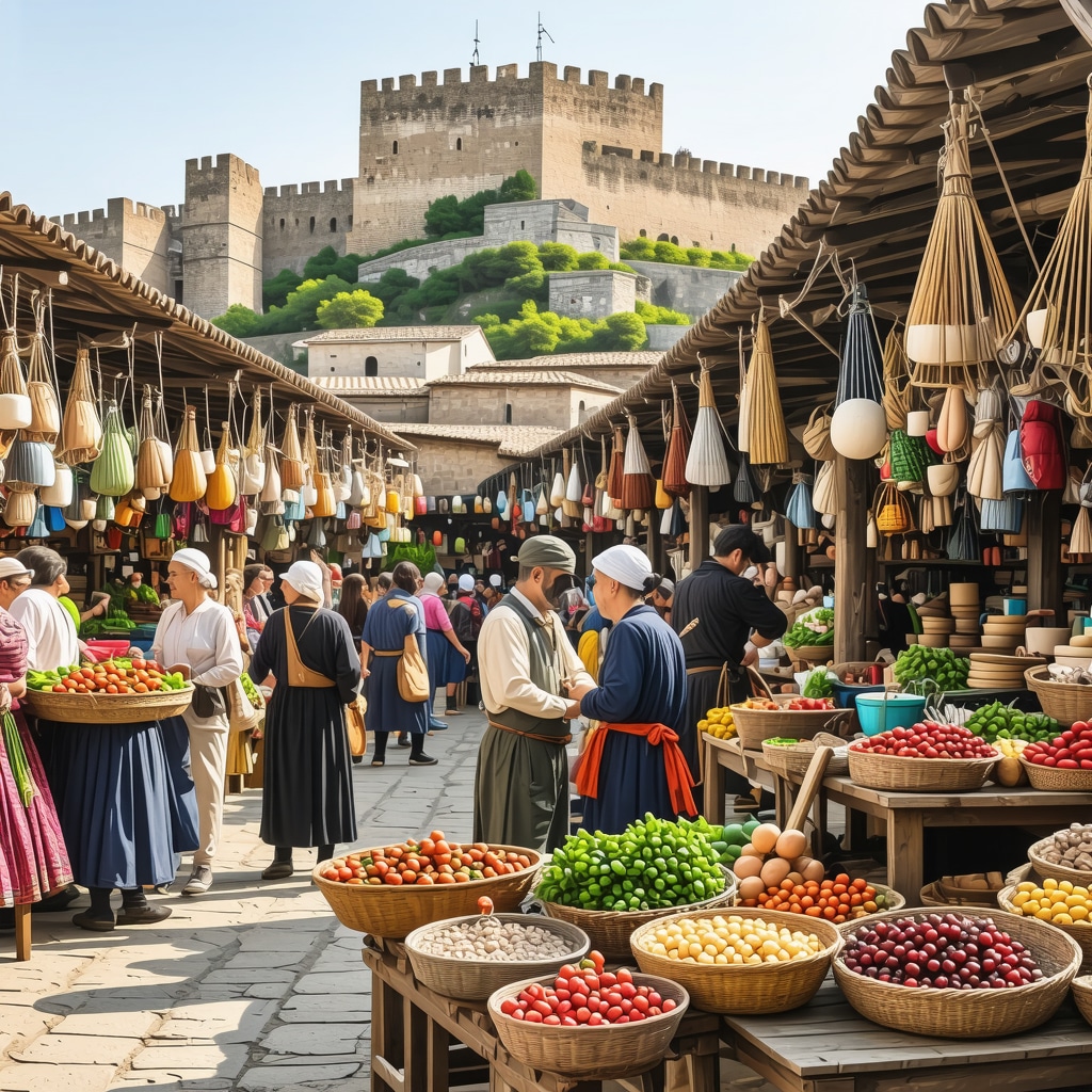 Artisans in Kruja market using digital tools and augmented reality amidst historic surroundings