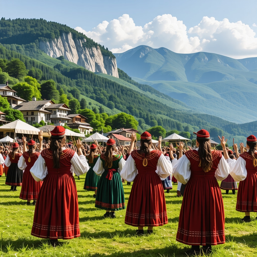 Montenegrin festival participants in traditional costumes with mountain scenery near Berane