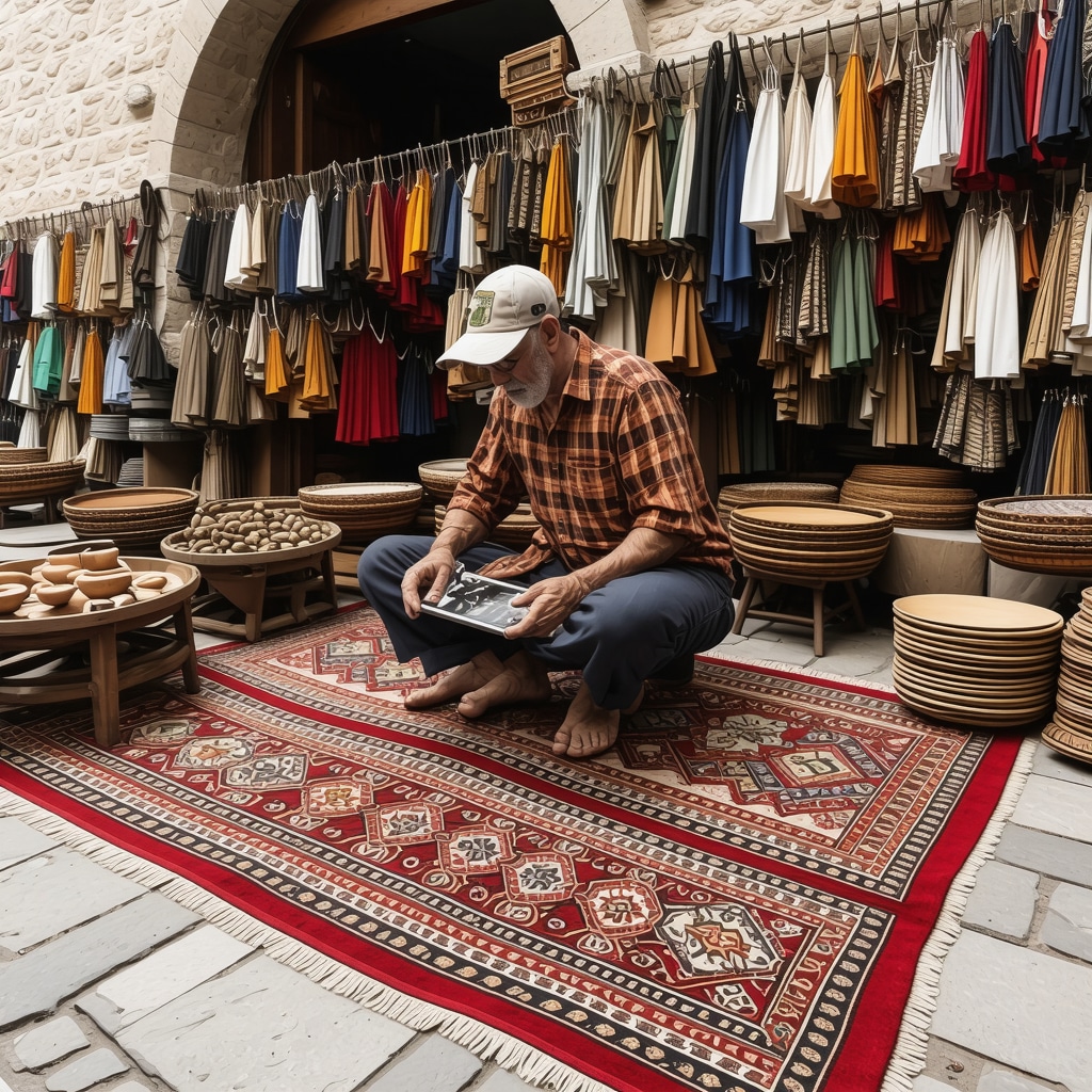 Artisans crafting traditional crafts in Kruja's Old Bazaar with augmented reality elements