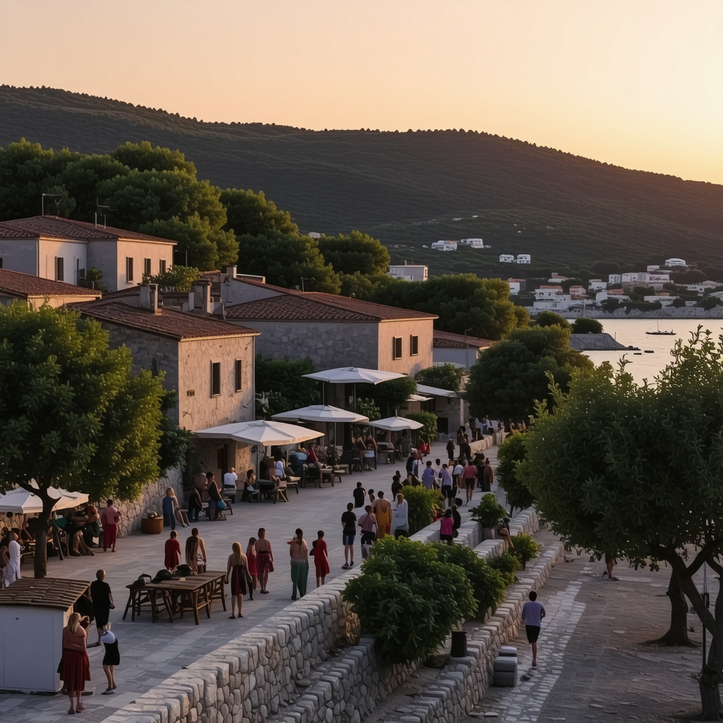Coastal village on Hvar island with traditional architecture and locals at sunset