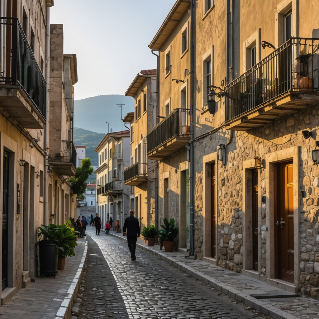 Street view in Kavala with traditional wooden balconies and cobblestone pavement during sunset