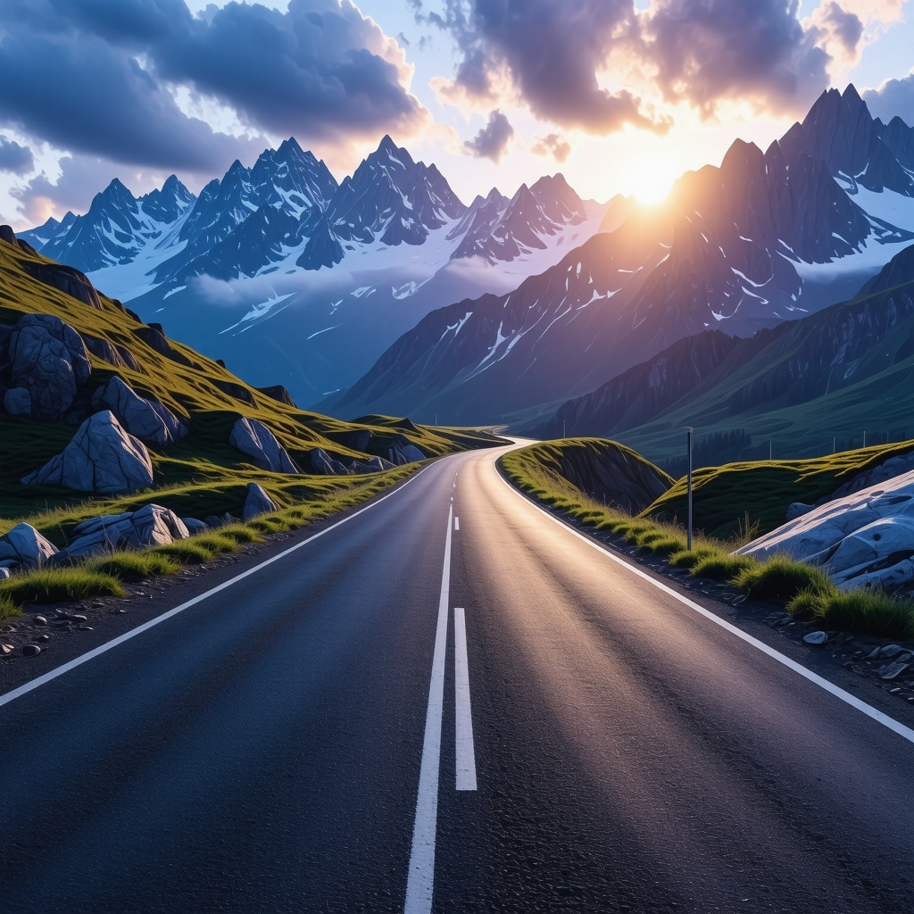 Serpentine road of Transfăgărășan winding through alpine mountains under sunset sky