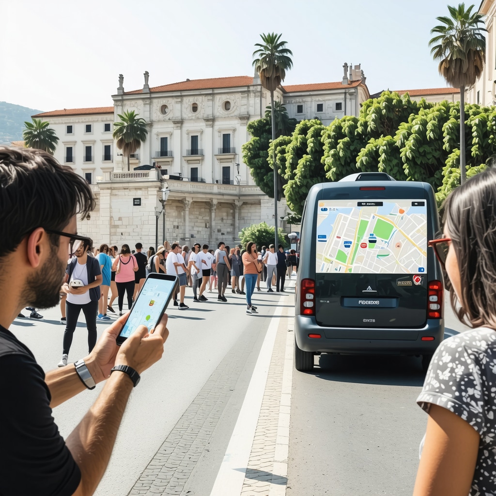 Turisti folosind aplicații mobile pentru tururi digitale și transport ecologic în Split, cu Palatul lui Dioclețian în fundal