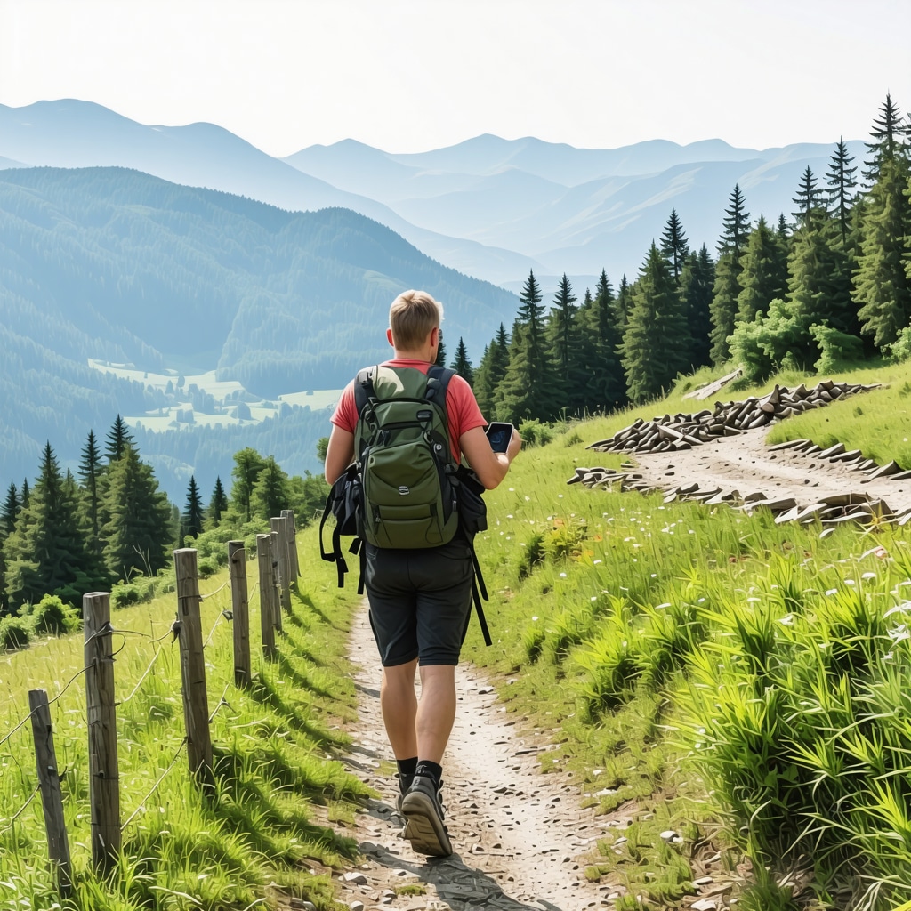 Turist cu smartphone explorând trasee montane sustenabile în Peja, Kosovo, cu ateliere tradiționale în fundal