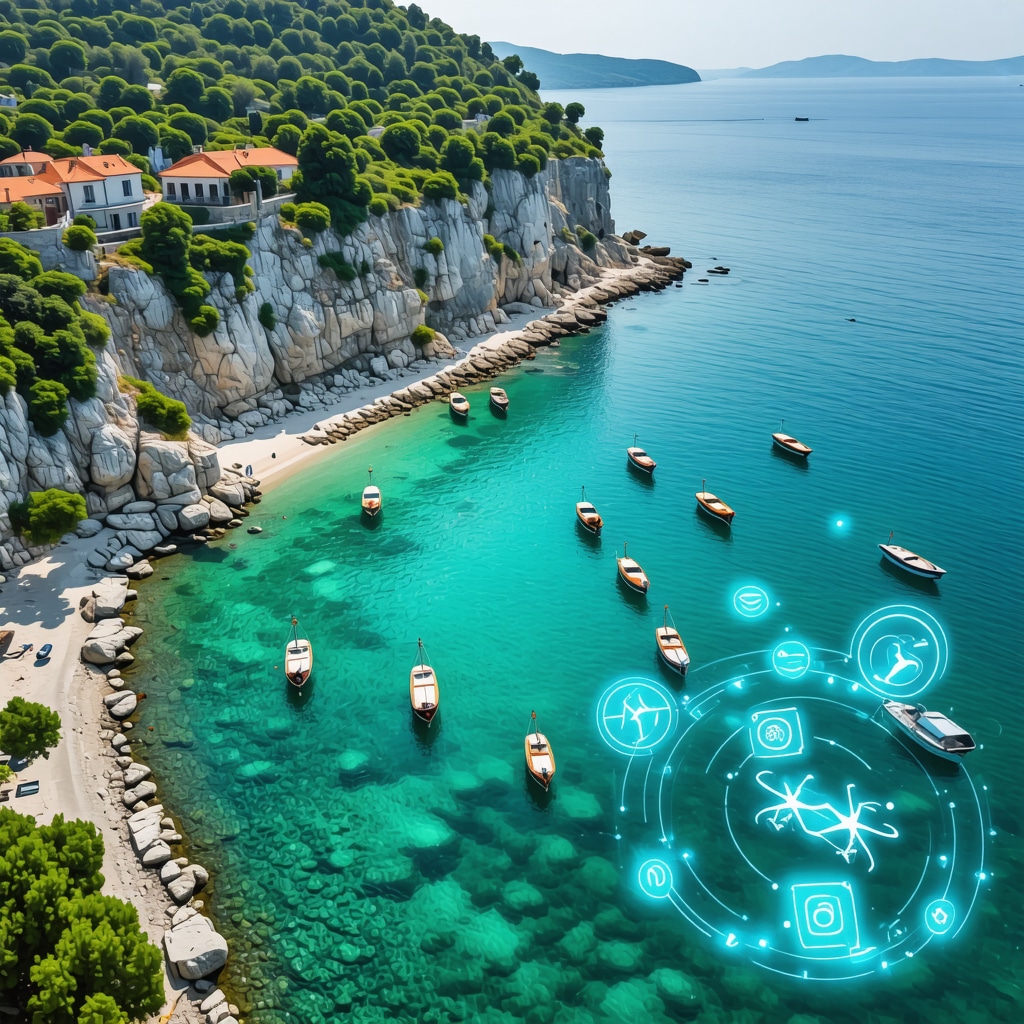 Aerial image of Ulcinj coastline with traditional fishing boats and digital technology overlays