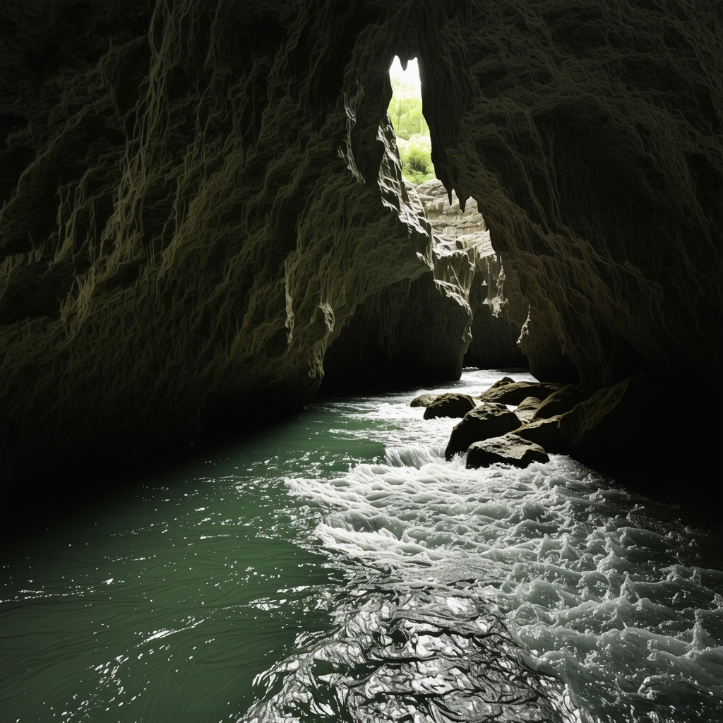 Vast underground canyon with river and rock formations illuminated inside Skocjan Cave