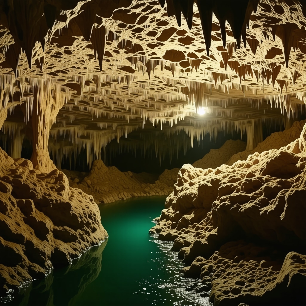 Interior of Skocjan Cave featuring stalactites, natural stone bridges, and an underground river