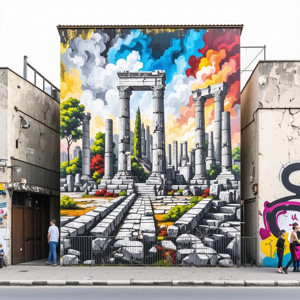 Colorful murals on historical buildings in Izmir representing cultural fusion