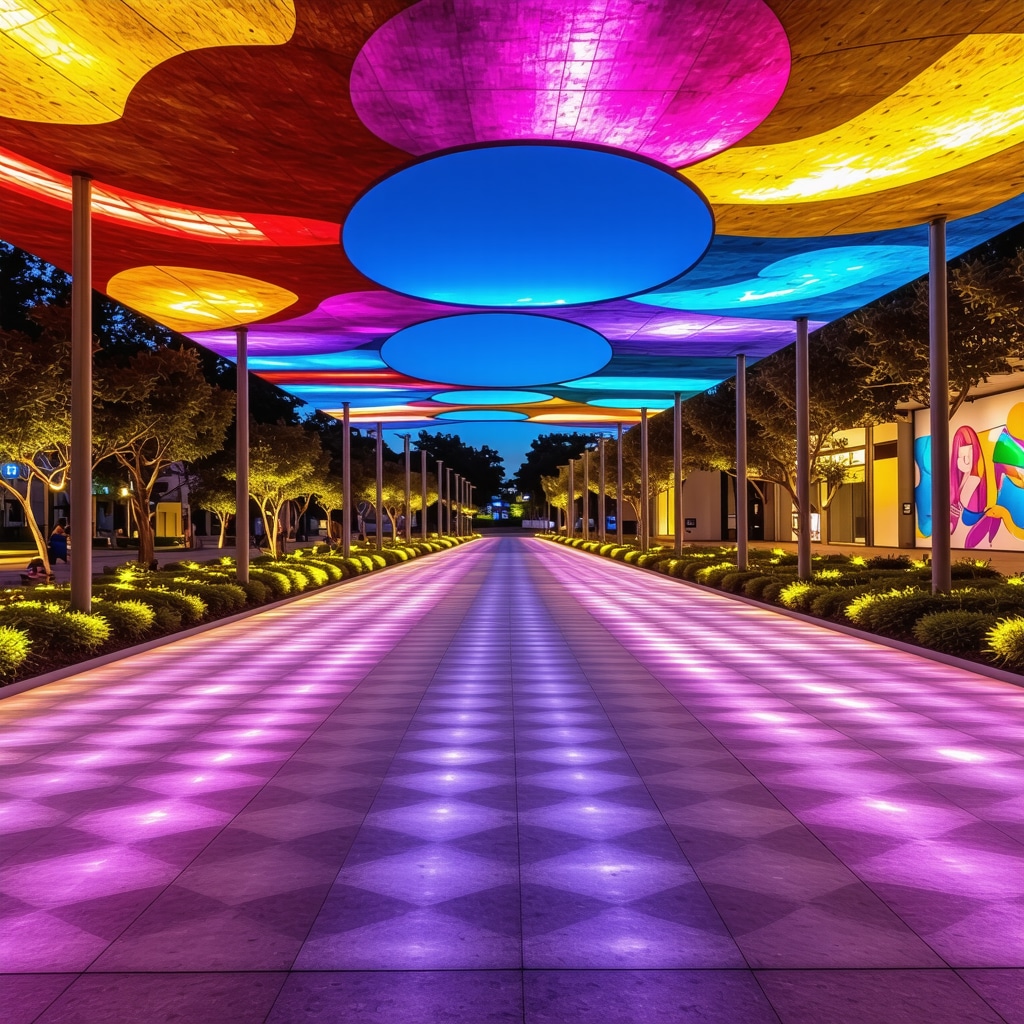 Colorful urban plaza in Arad with LED lighting and vibrant murals representing community art and sustainability