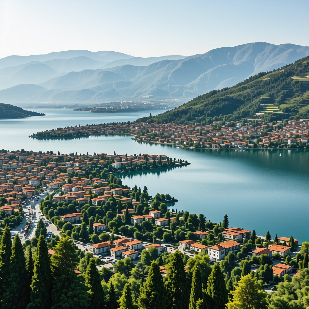 Ohrid aerial view with smart tourism and eco-friendly transport graphics