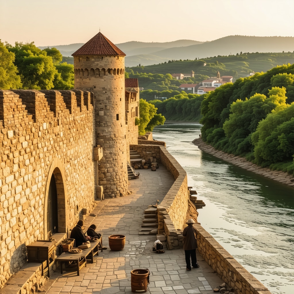 Panoramic view of Tsarevets Fortress with stone walls and towers overlooking Yantra River and artisans working nearby