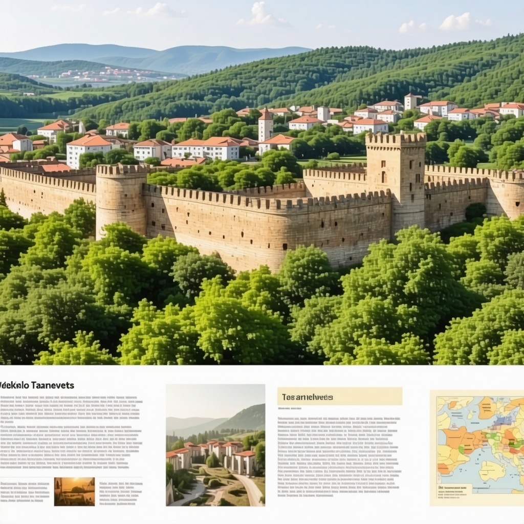 Panoramic view of Veliko Tarnovo fortress Tsarevets with augmented reality overlays and green eco-tourism environment