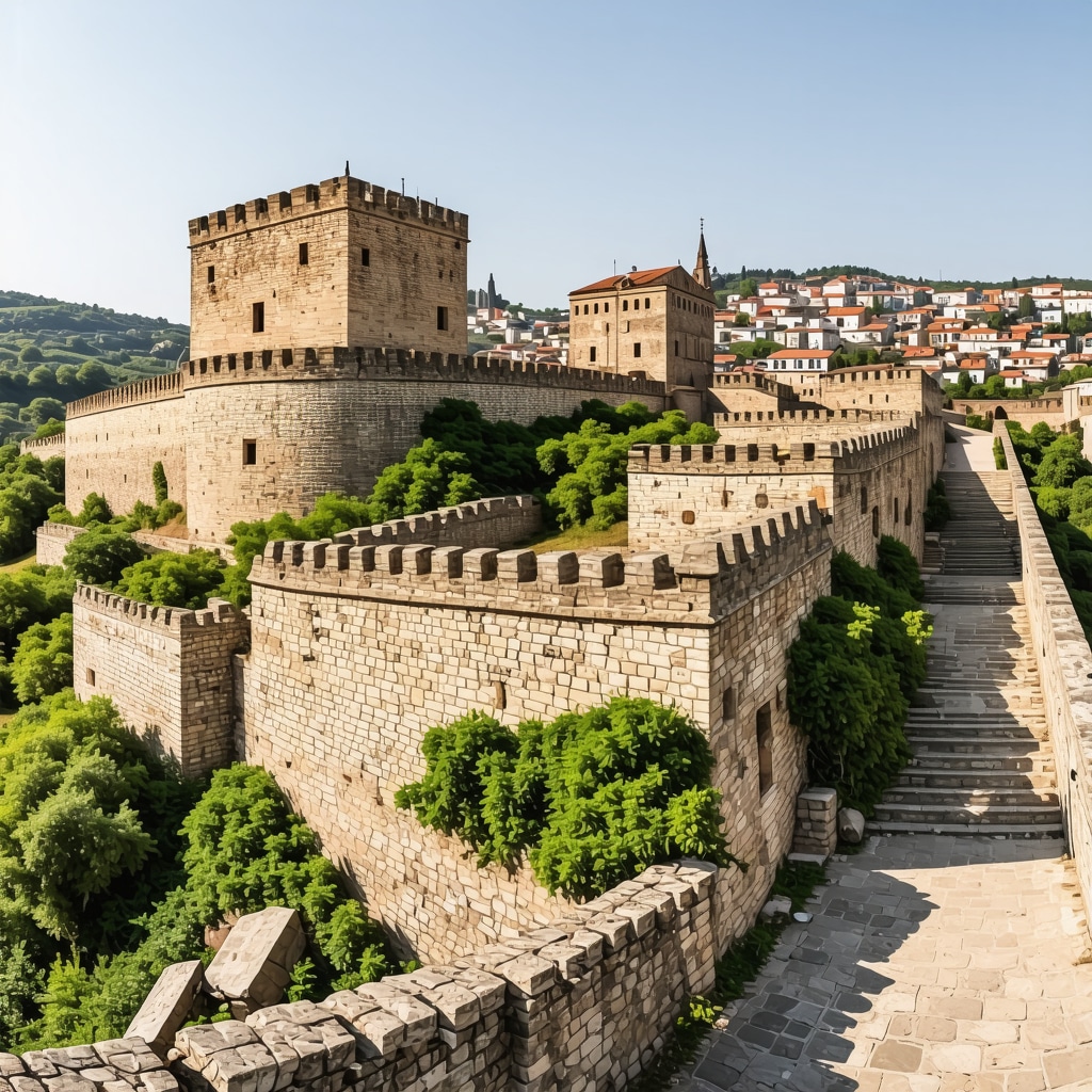 Panoramic view of Veliko Tarnovo's Tsarevets Fortress with digital augmented reality elements