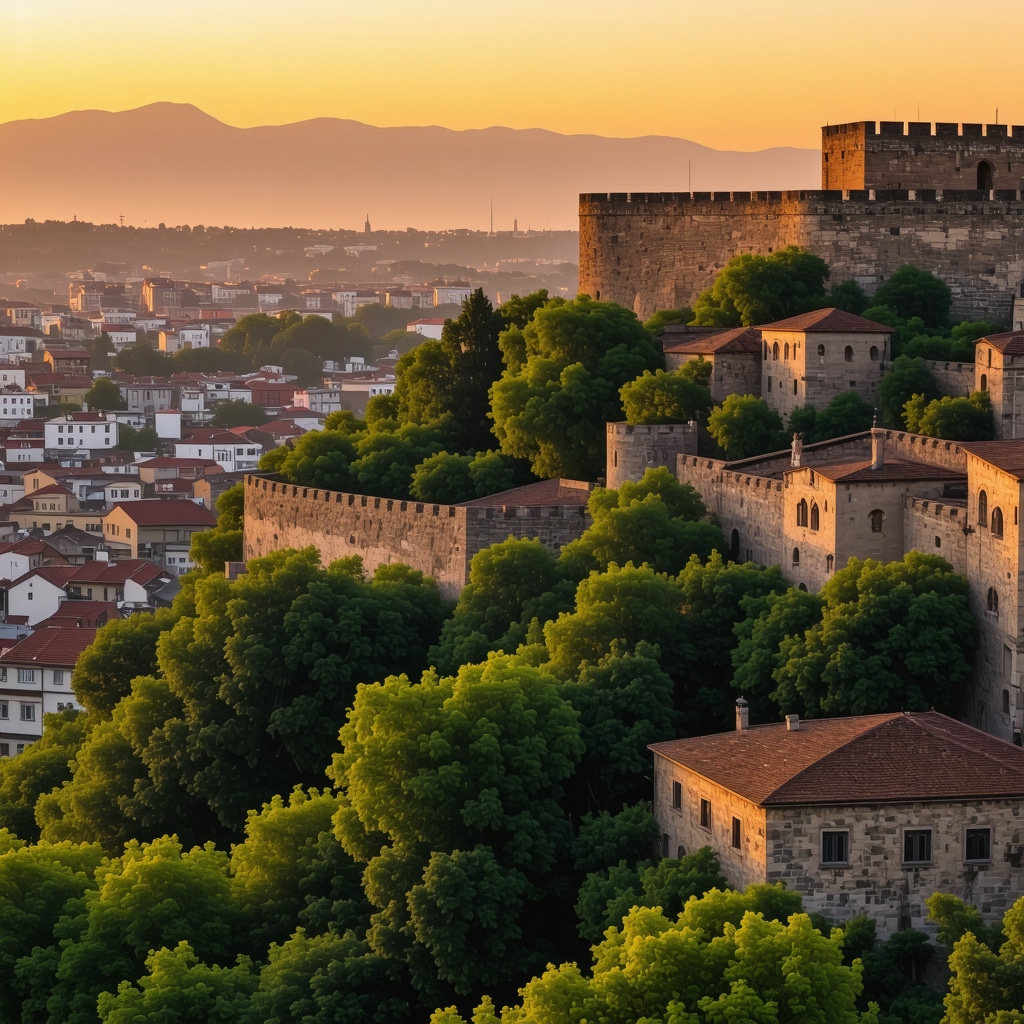 Panoramic image of Veliko Tarnovo showing Tsarevets Fortress and modern urban area at sunset