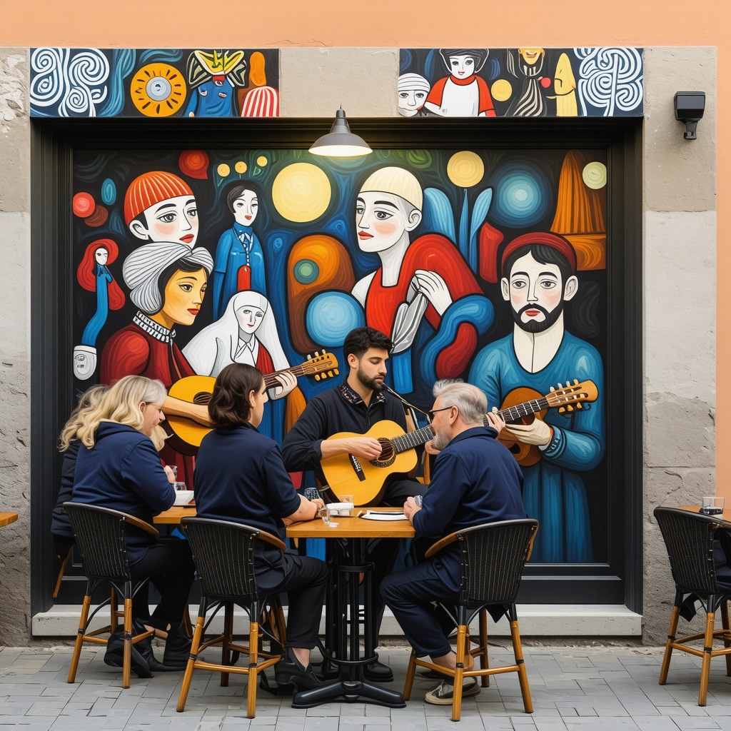Colorful street mural blending Slovenian motifs and abstract art with people enjoying live music at outdoor café in Ljubljana