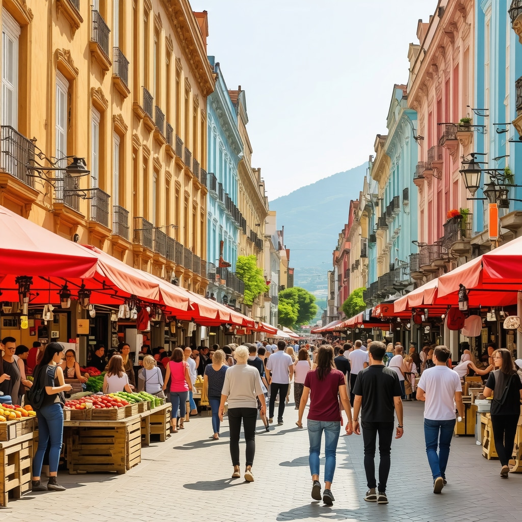 Colorful street in Tirana with local market and people