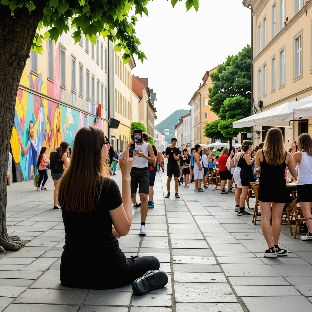 Ljubljana street art and digital cultural installations with tourists and locals interacting