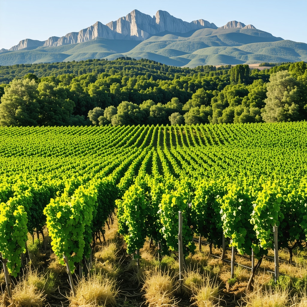 Panoramic view of vineyards with mountains and sunlight in Xanthi region
